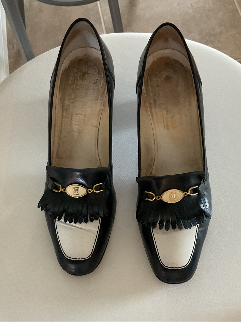 BRUNO MAGLI vintage shoes, black/white with gold emblem, size 9